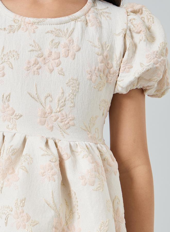 Styli Girls Gold Floral Jaquard Fit and Flare Party Dress - Image 3